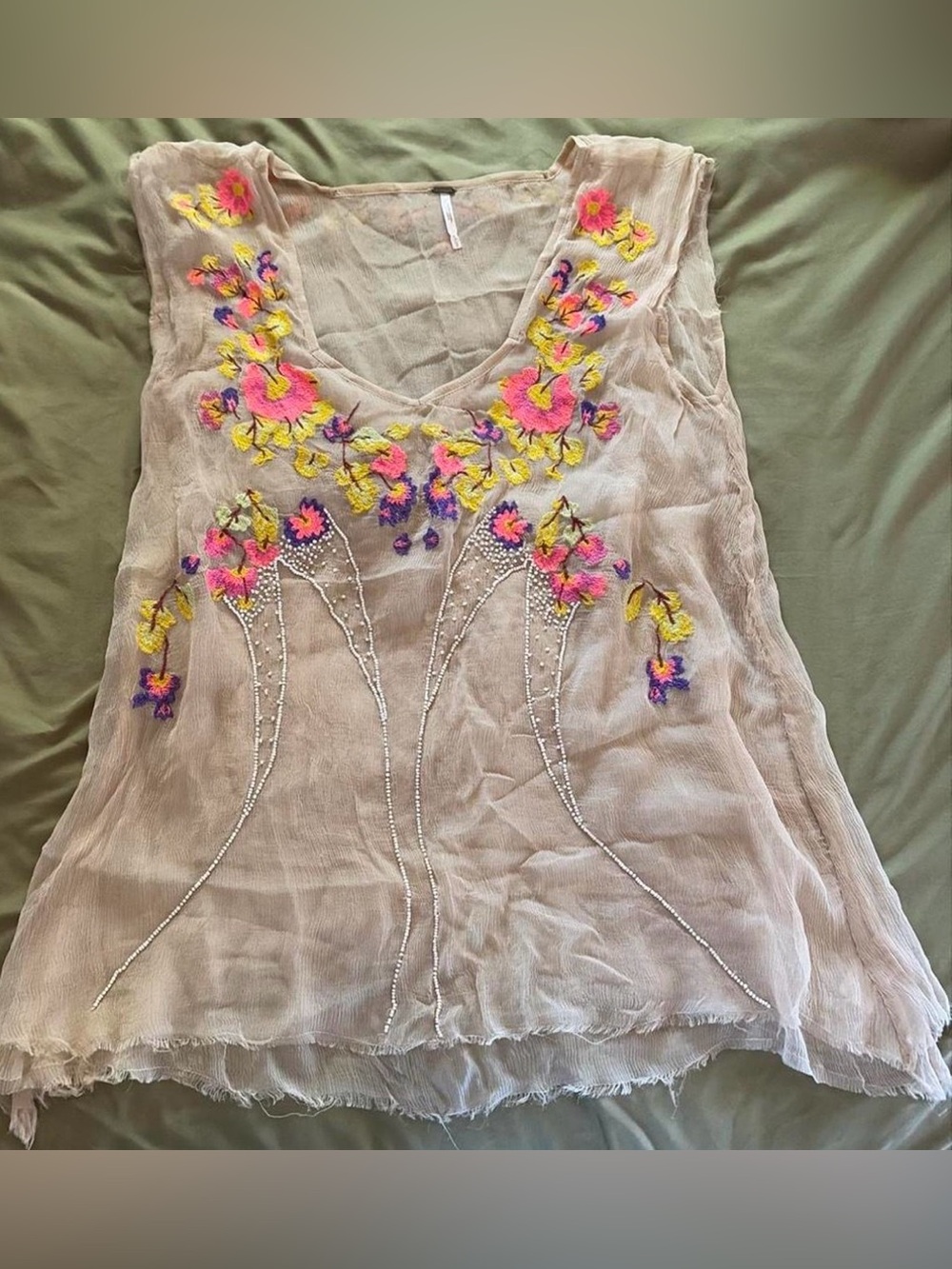 Free People Sheer Blush Pink Embroidered Floral Tank